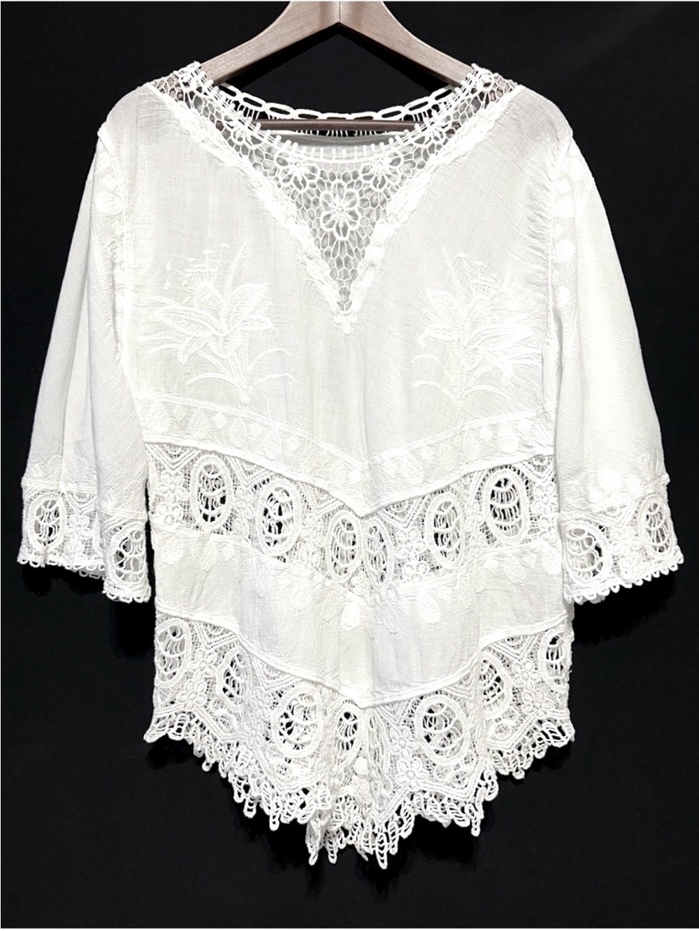 White Cotton Crochet Lace Embroidered Handkerchief Tunic Blouse L